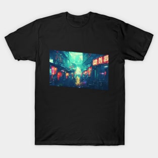 Cyberpunk Neon Rain City T-Shirt